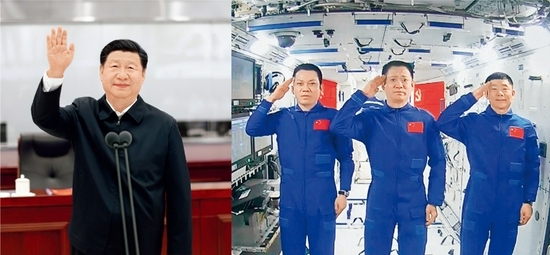 2021年6月23日，中共中央总书记、国家主席、中央军委主席习近平来到北京航天飞行控制中心，同正在天和核心舱执行任务的神舟十二号航天员聂海胜、刘伯明、汤洪波亲切通话。 新华社记者 鞠鹏（左图）、岳月伟（右图）/摄（拼版照片）